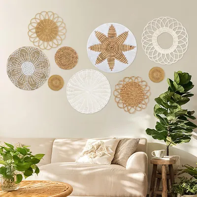 9er Set geflochtene Wandkörbe im Boho-Stil, rund, aus Rotan, braun