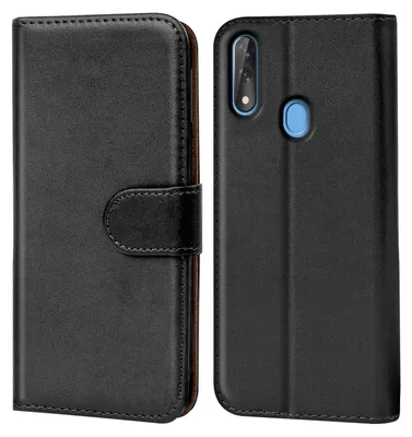 A black flip case for a smartphone is shown from the front and back.