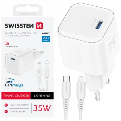 Zdjęcie produktu dla Swissten, ultraszybka ładowarka GaN USB-C 35 W z kablem Lightning 1,2 m, biała