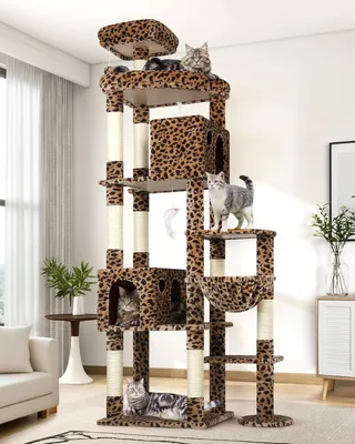 Image de Arbre à chat XXL, motif léopard, 213 cm de hauteur, avec 2 maisons pour chats, une large plateforme et des poteaux en sisal pour faire ses griffes