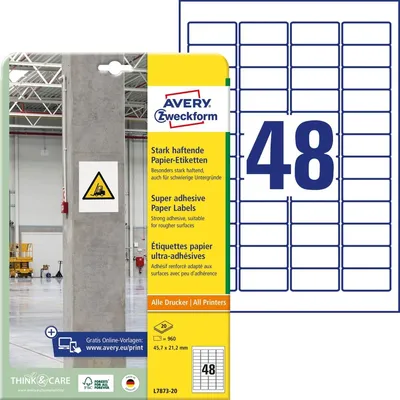 Obrázek produktu pro Avery L7873-20, Bílá, Obdélník, Permanentní, 45.7 x 21.2 mm, DIN A4, Papír