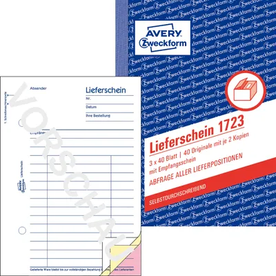 Produktbild von Avery Zweckform 1723, Lieferscheine mit Empfangsschein, A6, selbstdurchschreibend, 3x40 Blatt
