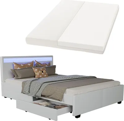 A white bed frame with a mattress and pillows, shown with a drawer pulled out.