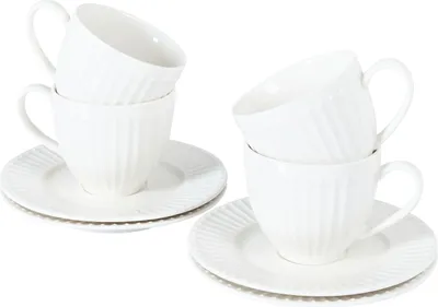 Produktbild von BELIANI Set aus 4 Tassen mit Untertassen Weißes Porzellan Kaolin Handgemacht Glanzoberfläche Service für 4 Personen Tee Kaffee Küche Esszimmer