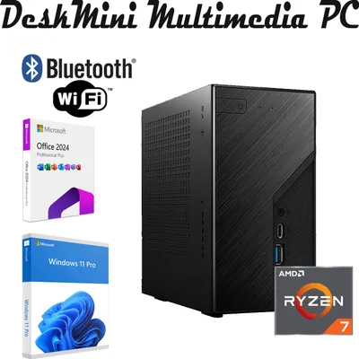 Collage of a mini PC, software boxes, and a CPU chip.