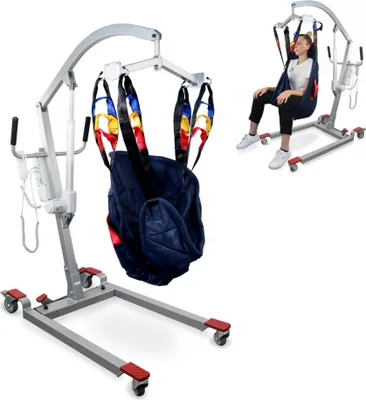 A patient lift with a sling and a woman using it.