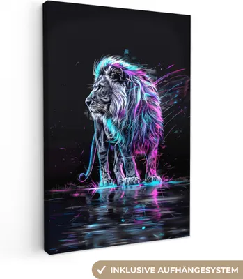Produktbild von MuchoWow® - Leinwandbilder - Löwe - Farben - Schwarz - Tiere, Wandbild, Wanddeko Bilder Wohnzimmer, 80x120 cm
