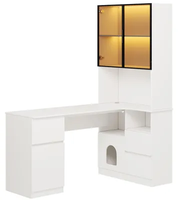 Produktbild von Flieks Eckschreibtisch mit Regal, Schreibtisch mit Kabeldurchlass, 3 Schubladen und eingebautem Bücherregal, LED-Vitrinenschrank 120×80×180cm, Weiß
