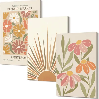 Produktbild von Wandbild – Leinwandbild – Leinwandbilder – Polycanvas – Kunstdruck – Modern – Panorama – Mehrteilig – 3-Teilig Set – Hochwertig – Lichtecht – Geruchslos – 40x60 Cm Je Element - Blumen in Pastellfarben mit Sonnenstrahlen