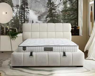 Produktbild von Elegantes Blaues Bett mit Matratze aus Textil und Holz