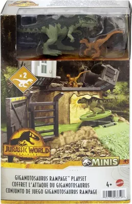 Zdjęcie produktu dla Mattel HFF12 Jurassic World Dominion Rampage Action Spiel-Set Giganotosaurus Grün Velociraptor Braun 2 Dinosaurier 1 Starter Kombinierbares Spiele-Set