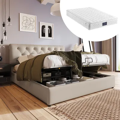 Obrázek produktu pro okwish hydraulická čalouněná postel 160x200 cm, nastavitelné čelo manželské postele s kovovým roštem, moderní rám postele s úložným prostorem (s matrací)