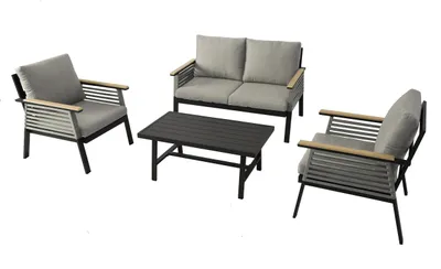 A set of outdoor lounge furniture including a loveseat, two armchairs, and a coffee table, displayed on a white background.