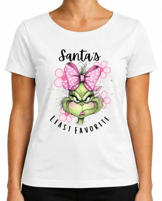 Imagen del producto de Camiseta para mujer, color blanco, con estampado del Grinch, lunares rosas y el mensaje "El lazo rosa favorito de Papá Noel". Talla S