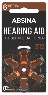 Produktbild von ABSINA 6x Hörgerätebatterien 312 mit gut greifbarer Schutzfolie - Hörgeräte Batterien PR41 ZL3 P312 Zink Luft, 1,45V