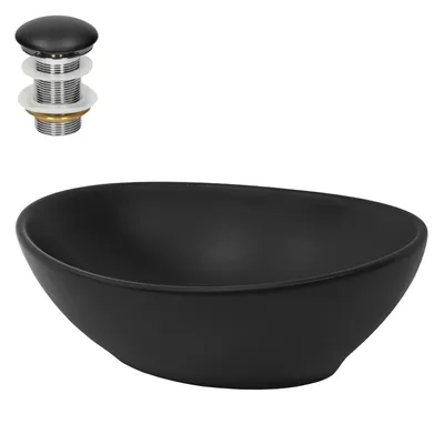 Obrázek produktu pro LuxeBath umyvadlo Oválné umyvadlo na desku, 41x33,5x14,5 cm, černé matné, z keramiky, včetně odtokové soupravy bez přepadu