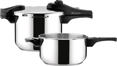 Two stainless steel pressure cookers, one larger and one smaller, are shown against a white background.