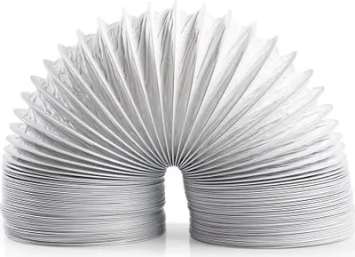 A flexible, silver-white duct hose, bent into a horseshoe shape against a white background.