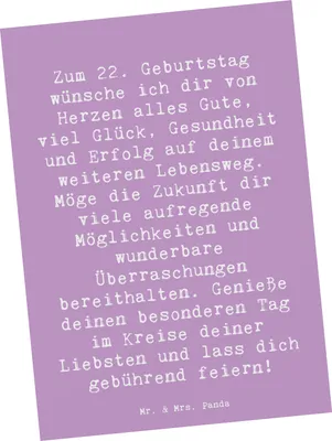 Produktbild von Mr. & Mrs. Panda Postkarte Spruch 22. Geburtstag - Lavendeltraum - Geschenk, Dekoration, feiern, Grußkarte, Postkarten, Humor, Happy Birthday, Party, bildkarte