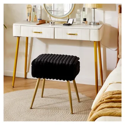 Produktbild von Samt Schminktischhocker mit Stauraum, Rechteckiger Make-up-Hocker mit 4 Metallbeinen, Pouf für Schminkzimmer und Schlafzimmer, Schwarz
