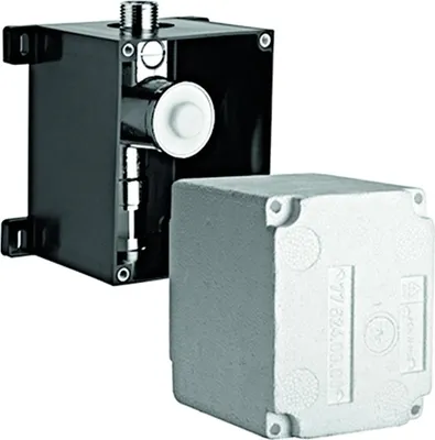 A black and silver urinal flush valve assembly with a separate gray protective cover.