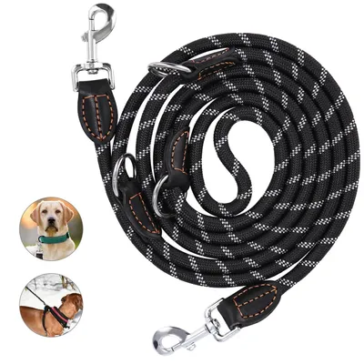 Produktbild von Hundeleine Verstellbar Doppelte Nylonleine mit 2 Karabinerhaken und 3 Ringen Hundeleine 3m Verstellbare Hundeleine Multifunktionsleine Schwarz