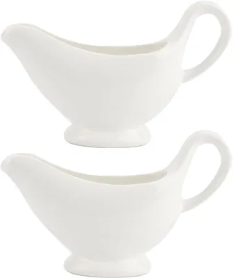 Produktbild von 2er Set Sauciere Porzellan weiß 110ml Soßenkanne mit Henkel klassische Saucen Behälter mit Lippenausguss für Soße, Salatdressings, Milchbrühe, Creme, Bratensaft Käsedip, Soßen Schale
