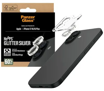 Produktbild von PanzerGlass ® Hoops® Kameraschutz Glitter Silber iPhone 17 | iPhone 16 | 16 Plus, Apple, Apple - iPhone 17, Apple - iPhone 16, Apple - iPhone 16 Plus, Trockene Anwendung, Kratzresistent, Schockresistent, Silber, 1 Stück(e)