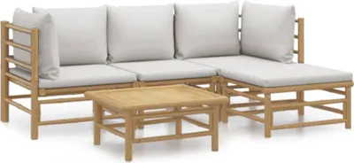 Produktbild von 5-tlg. Garten-Lounge-Set mit Hellgrauen Kissen Bambus