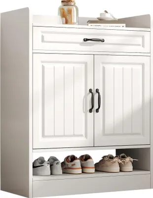 Produktbild von okwish Moderne Schuhständer Schuhschrank Schuhablage mit schwarzen Griffeneiner Schublade,Schuhregal mit verstellbaren Regalen und 2 Türen, weiß