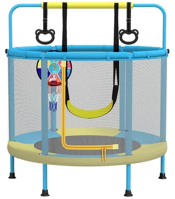 Image de Trampoline pour enfants de 140 cm, modèle 4 en 1 avec balançoire, panier de basket, pneus, capacité de charge de 50 kg, utilisable en intérieur et en extérieur
