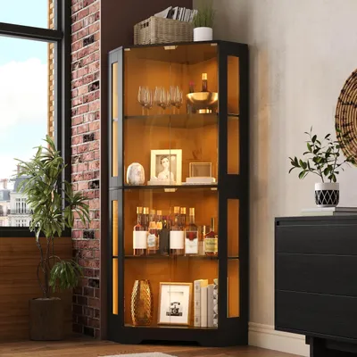 Immagine prodotto di Vetrina angolare con illuminazione a LED, mobile espositivo a 4 ripiani, pensile da cucina alto 165 cm con ripiani regolabili e spazio contenitivo, colore nero