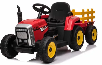 Image de Voiture électrique pour enfants WORKERS avec remorque, rouge, traction arrière, batterie au lithium, roues, siège large, télécommande 2,4 GHz, lecteur MP3 et entrée SD, feux LED