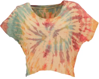 Produktbild von Batik Hippie T-Shirt, Unikat Kurztop, Yogatop - Apricot/bunt, Damen, Grün, Viskose,Elasthan, Tops & T-Shirts