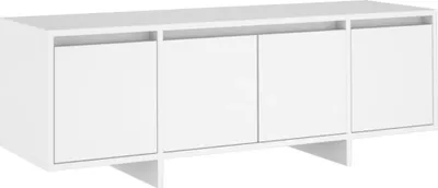 A white TV cabinet with four doors and a minimalist design, shown against a white background.
