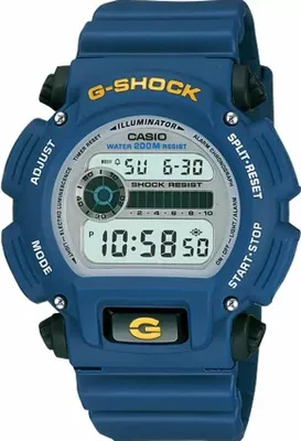 A close-up studio shot of a blue Casio G-Shock watch.