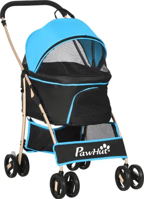 Produktbild von PawHut 3-in-1 zusammenklappbarer Hunde-Kinderwagen, Haustier-Kinderwagen, kleiner Hundewagen mit abnehmbarem Wagen, Aufbewahrungskorb, Sicherheitsgurten und Kissen, Blau