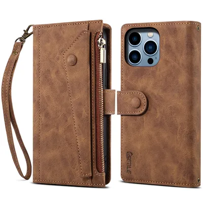Obrázek produktu pro Ochranné pouzdro pro iPhone 15 Pro Max kožené pouzdro na zip, skládací peněženka s přihrádkou na karty, stojánek a poutko hnědé