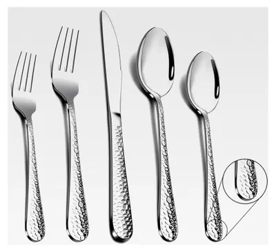 Produktbild von 30-teiliges Edelstahl Besteckset für 6 Personen, Gehämmert Griff, Tafelbesteck für Familie, Camping und Catering, Hochglanzpoliert und spülmaschinengeeignet