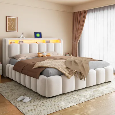 Productafbeelding van Boxspringbed 180x200 cm met LED-verlichting, stopcontact en verborgen opbergruimte in het hoofdeinde, fluweelbed met een rugleuning van 70 cm hoog en een lattenbodem, beige