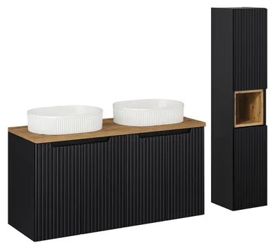 Produktbild von Doppelwaschtisch und Hängesäule 120cm Riva, Schwarz und Holzoptik