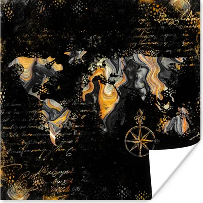 Produktbild von MuchoWow® Poster Weltkarte - Farbe - Gold - Kompass 50x50 cm - Wohnzimmerdekoration