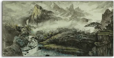 Produktbild von Coloray Acrylbild 100x50  Wandbild Acrylbilder Chinesische Berge ein Wasserfall Haus