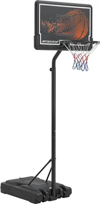 A basketball hoop with a stand and wheels, shown against a white background.