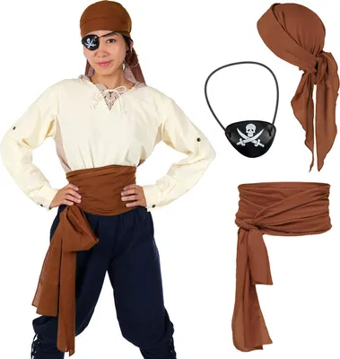 Produktbild von Piraten Kostüm Set mit Kopftuch, Piratenschärpe & Augenklappe | Braun