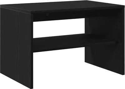 A black TV stand with a shelf is shown against a white background.