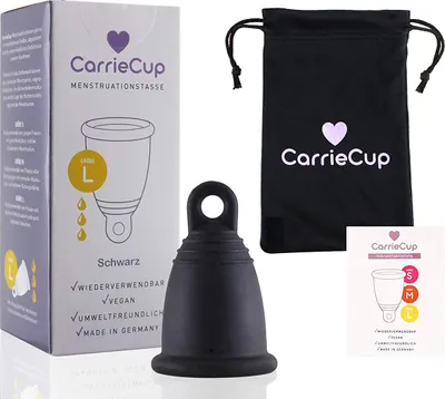 Produktbild von CarrieCup Menstruationstasse groß,  Germany - BPA-frei, Alternative zu Tampons und Binden, silikonfrei - inkl. Beutel Schwarz (Größe:L)