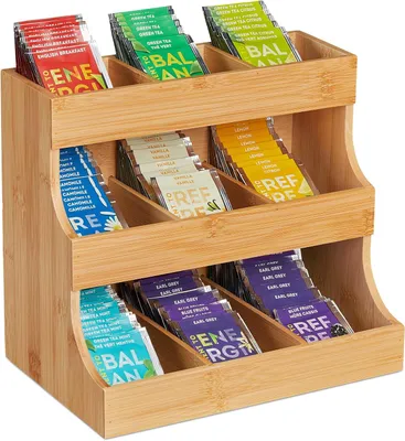 Zdjęcie produktu dla Organizer na herbatę - 9 przegródek - bambus - 24x27x17,5 cm - do torebek i kapsułek do herbaty i kawy - pojemnik na herbatę (pionowy) - do kuchni - naturalny