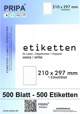 Produktbild von pripa 500 Etiketten A4 210 x 297 mm vollflächig selbstklebend weiß - Allround Qualität 500 Blatt