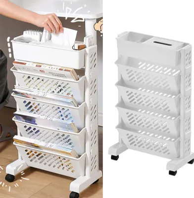 Obrázek produktu pro Pohyblivý regál na knihy Velkokapacitní otočný odnímatelný plastový praktický rolovací regál 5 vrstev